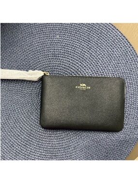 Coach Black Leather Zip Wristlet Pouch with Gold Logo